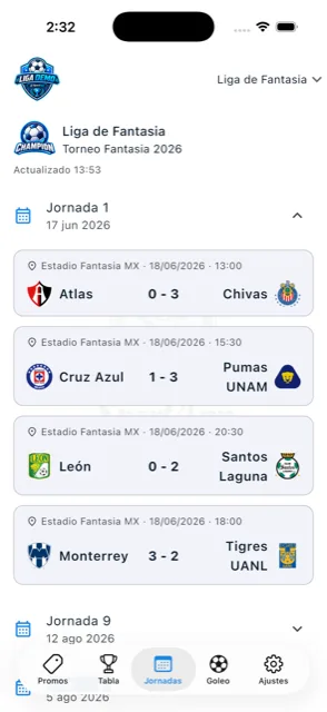Pantalla de Jornadas de la app de tu liga, con el calendario de partidos y resultados