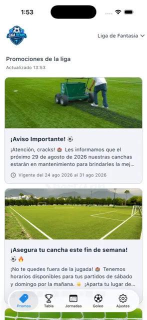 Pantalla de Promociones de la app de tu liga, mostrando avisos publicados por el organizador